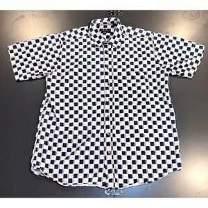 Trader Bay Button Down Shirt Men Large Blue Cream Geometric Tile Print Excellent